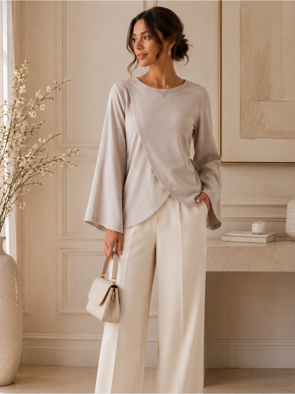 Doe & Rae Women's Elegant Bell Sleeve Tie-Back Sweater Top Size Large